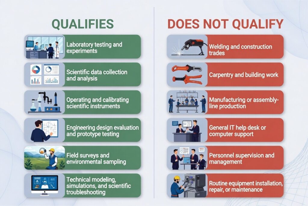 Infographic showing job duties that qualify vs do not qualify for the Scientific Technician TN Visa category
