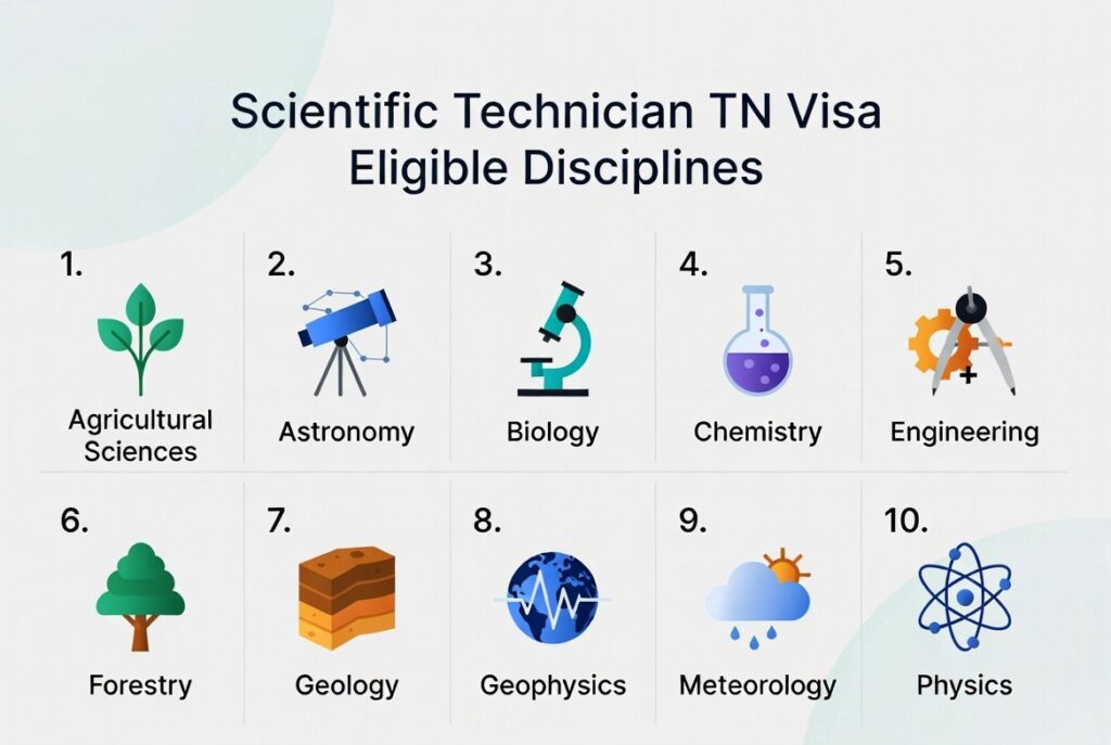 The ten eligible scientific disciplines for the Scientific Technician TN Visa: agricultural sciences, astronomy, biology, chemistry, engineering, forestry, geology, geophysics, meteorology, and physics