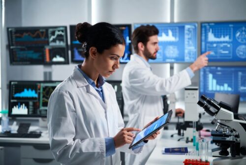 Scientific technician and supervising professional analyzing lab data on digital screens
