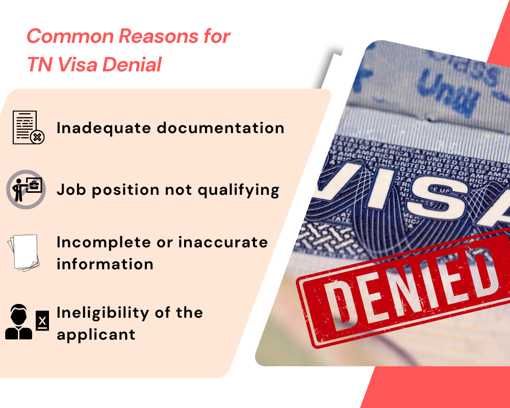 Infografía titulada 'Razones comunes de denegación de la visa TN' que enumera documentación inadecuada, puesto de trabajo no calificado, información incompleta o inexacta e inelegibilidad del solicitante, junto a una visa sellada como 'DENEGADA
