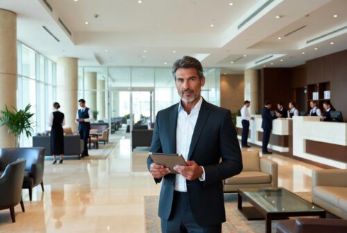 Hotel manager overseeing front desk and lobby operations while working under TN visa status