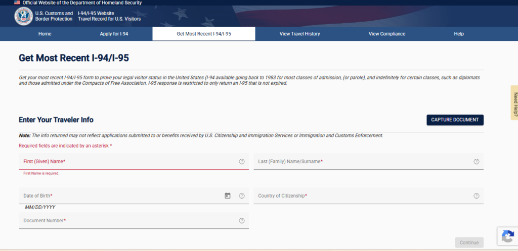CBP I-94 website Get Most Recent I-94/I-95 form for retrieving a TN visa I-94 record