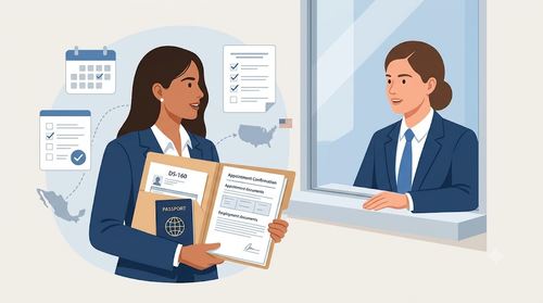 Mexican TN applicant with passport, DS-160 and employment documents talking to a consular officer at the interview window