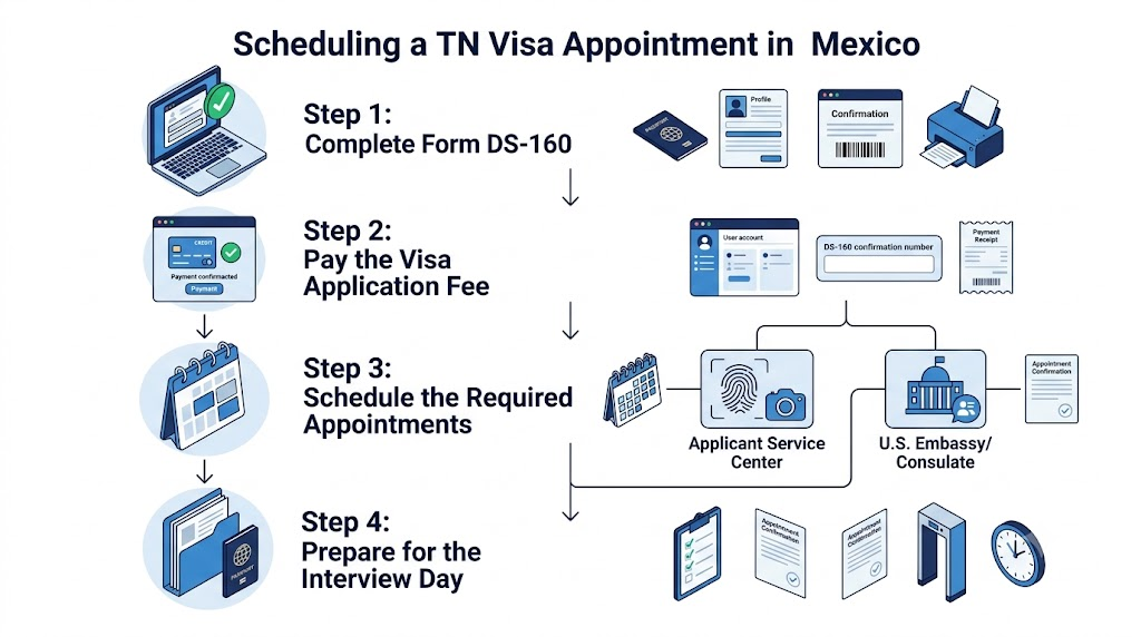 Four steps to schedule a TN visa appointment in Mexico: DS-160, visa fee, biometric and consular appointments, interview prep
