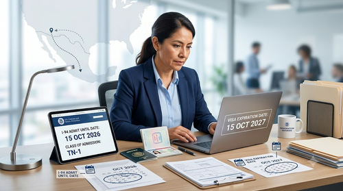 Mexican TN professional at a laptop comparing her I-94 admit until date with her TN visa expiration date